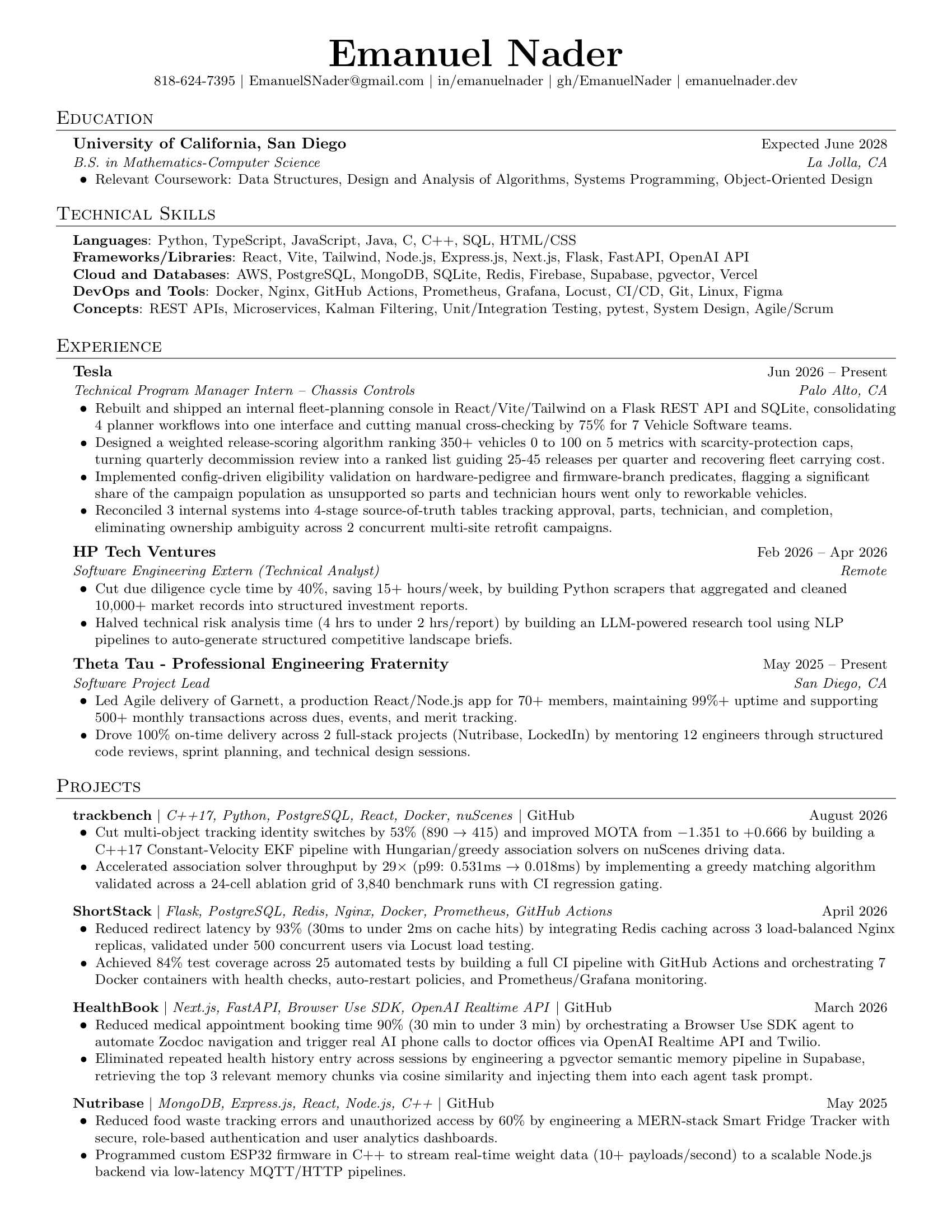 Preview of Emanuel Nader's one-page September 2026 software engineering résumé